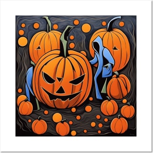 Festive Halloween Pumpkin Carving with Autumn Leaves Posters and Art